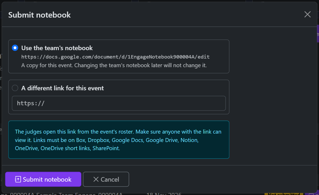 Submit notebook, with the team’s own link offered first.